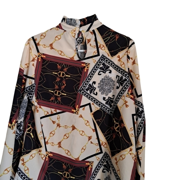 Ladies lightweight blouse high neck ruffle western abstract BOHO SHIRT size LG - Picture 3 of 8